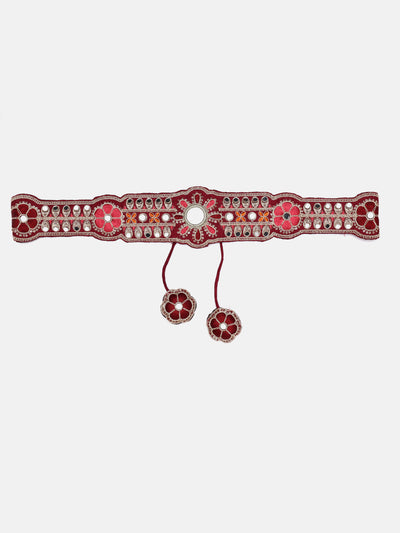 Maroon Mirror Work Hand Made Ethnic Waist Belt With Tassels
