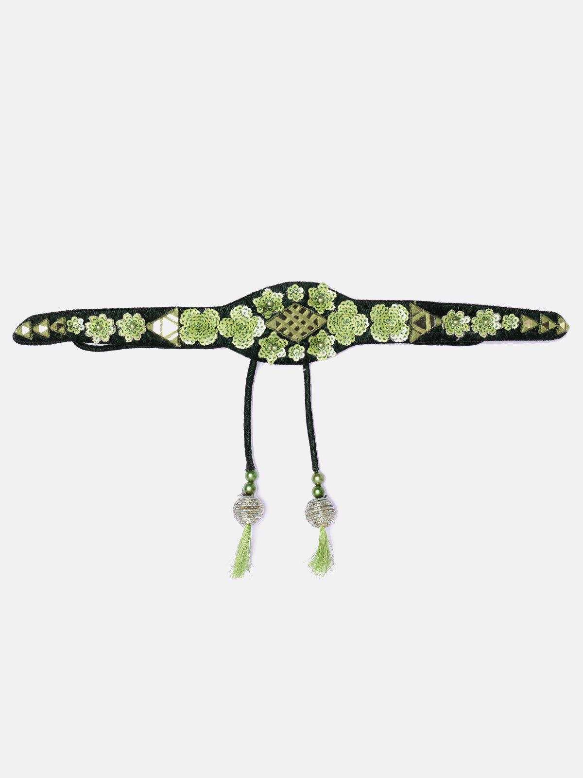 Green Hand Made Mirror, Sequin Work Ethnic Waist Belt With Tassels