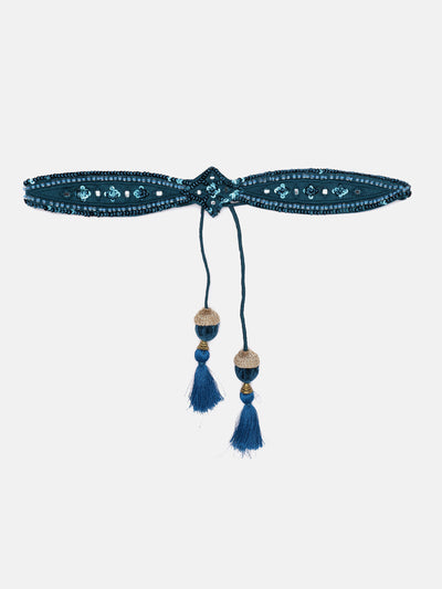 Teal Mirror, Moti Work Hand Made Ethnic Waist Belt With Tassels