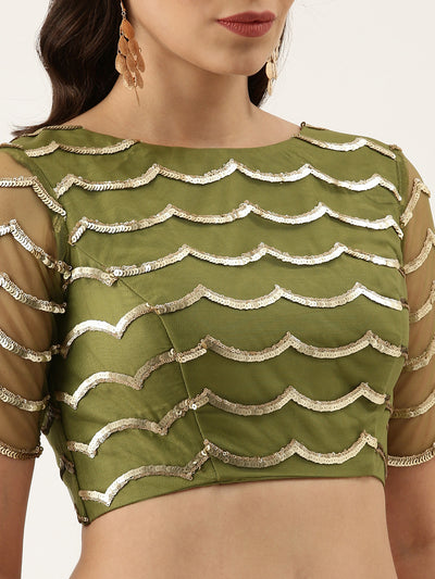 Olive Sequins Work Raw Silk Readymade Blouse