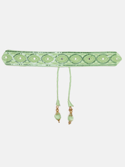 Green Mirror & Sequence Work Waist Belt With Tassels