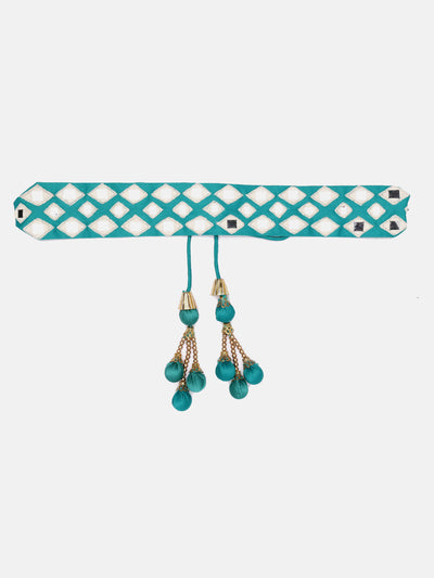 Sea-Green Designer Mirror Work Hand Made Ethnic Waist Belt With Tassels