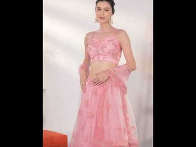 Pink Net Peach Colour Sequins Work Semi-Stitched Lehenga