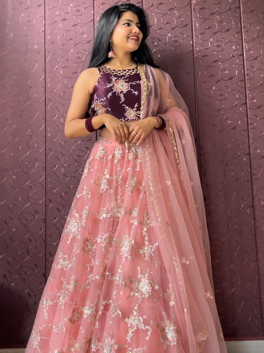 Pink Net Sequin Embroidered Semi-Stitched Lehenga