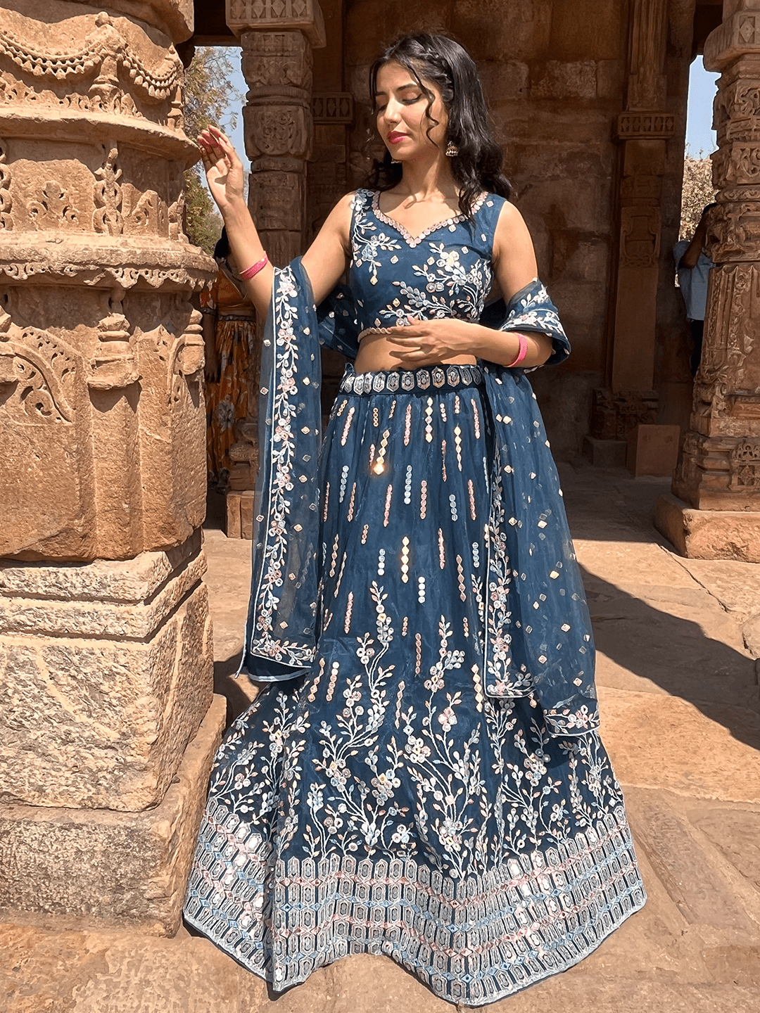 Navy Blue Net Thread & Sequins Work Semi-Stitched Lehenga